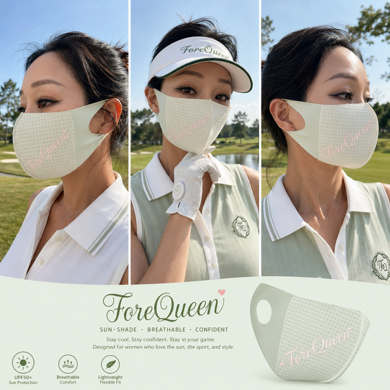 ForeQueen UPF 50+ Women’s Golf Sun-Shade Face Mask Pale Green