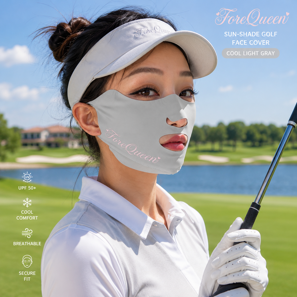 FQ Golf Women’s UPF 50+ Open-Face Sun Protection Mask - Cool Light Gray