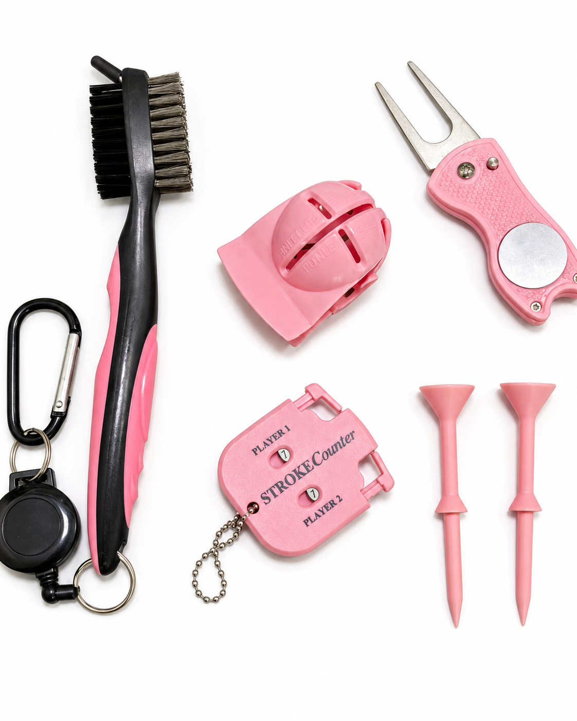 Pink Golf Accessory Starter Kit – Brush, Divot Tool, Score Counter, Ball Marker & Tees