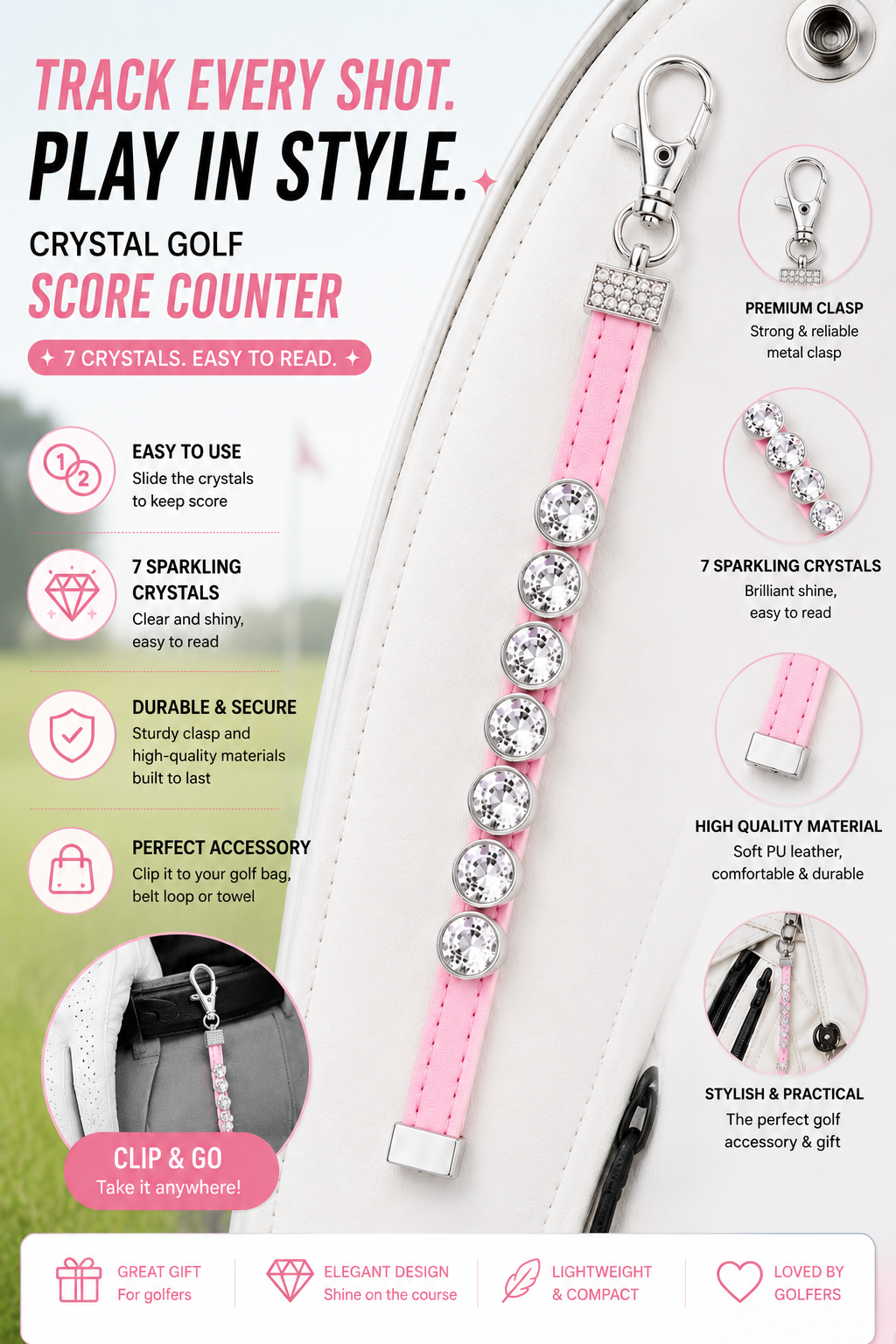 Pink Crystal Golf Score Counter – 7-Bead Clip-On Golf Bag Accessory