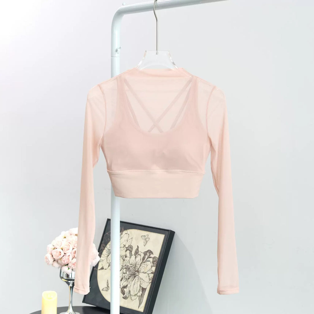 ForeQueen petite Mesh Long-Sleeve Golf Crop Top – Blush Pink