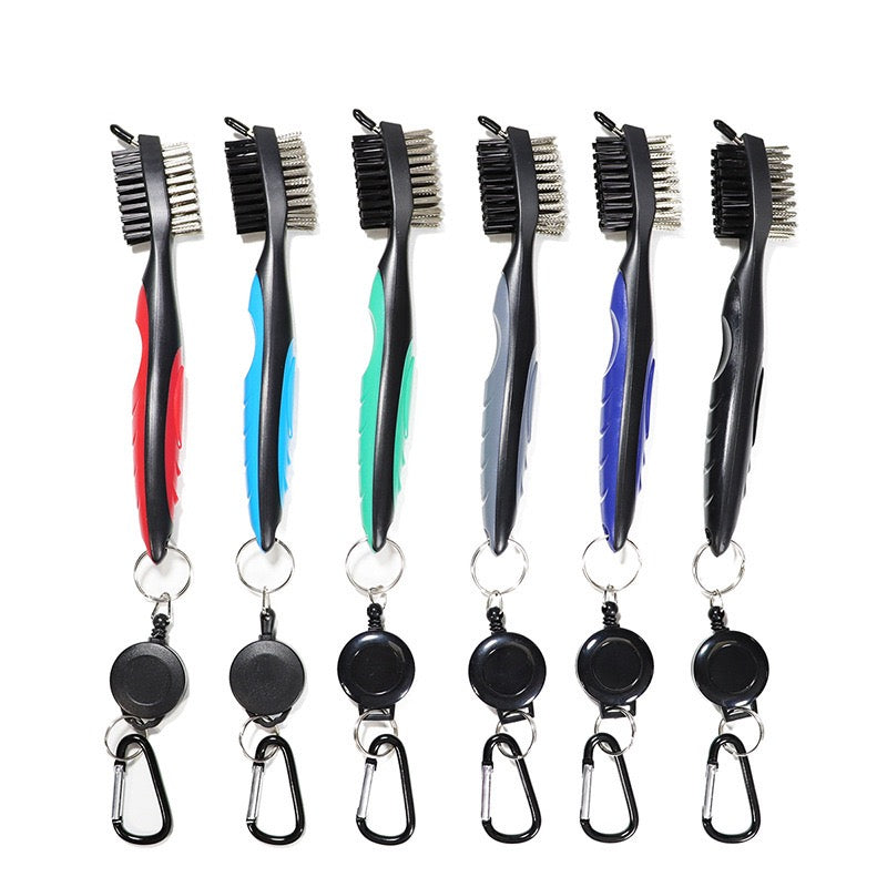 ForeQueen Dual-Bristle Golf Club Cleaning Brush with Retractable Carabiner Clip – 6 Colors