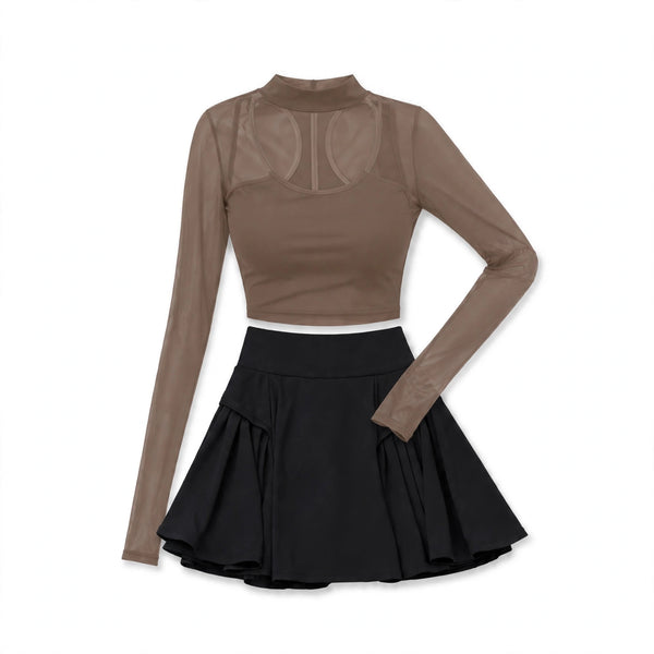 Blush Mesh Top + Black Flared Skort Set