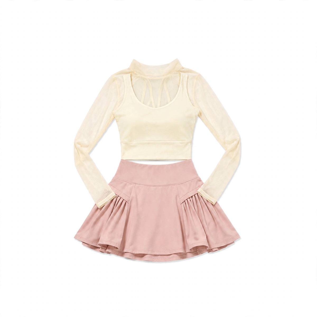 Taupe Mesh Top + Dusty Pink Flared Skort Set
