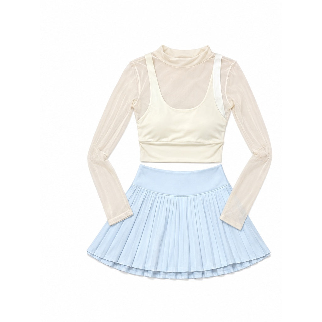 Cream Mesh Top + Baby Blue Pleated Skort Set
