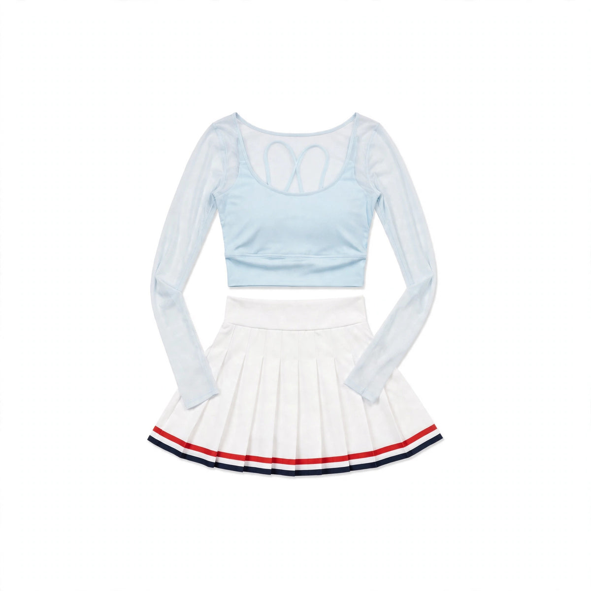 Light Blue Mesh Top + White Striped Pleated Skort Set