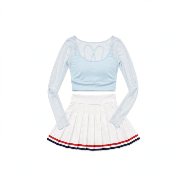 Light Blue Mesh Top + White Striped Pleated Skort Set