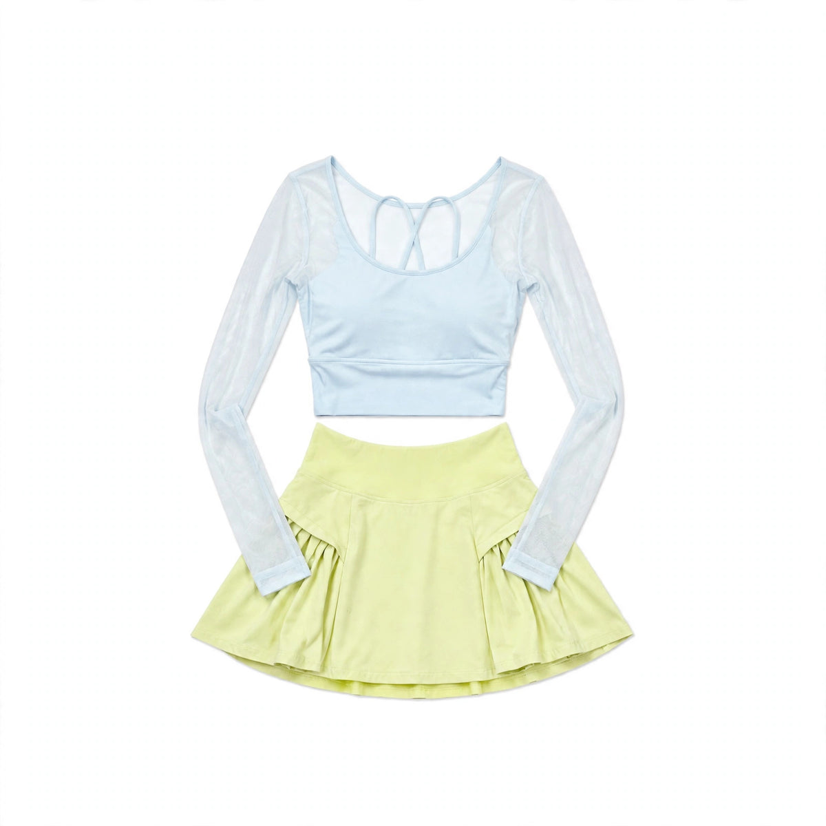 Light Blue Mesh Top + Pale Green Pleated Skort Set