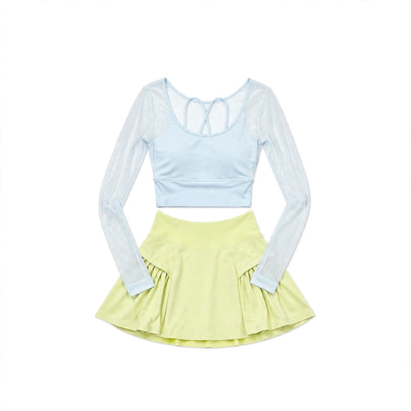 Light Blue Mesh Top + Pale Green Pleated Skort Set