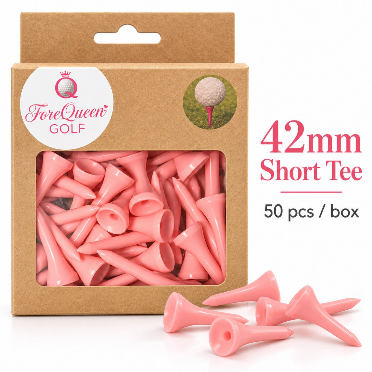 ForeQueen Golf Pink Short Tees — 42 mm | 50-Pack